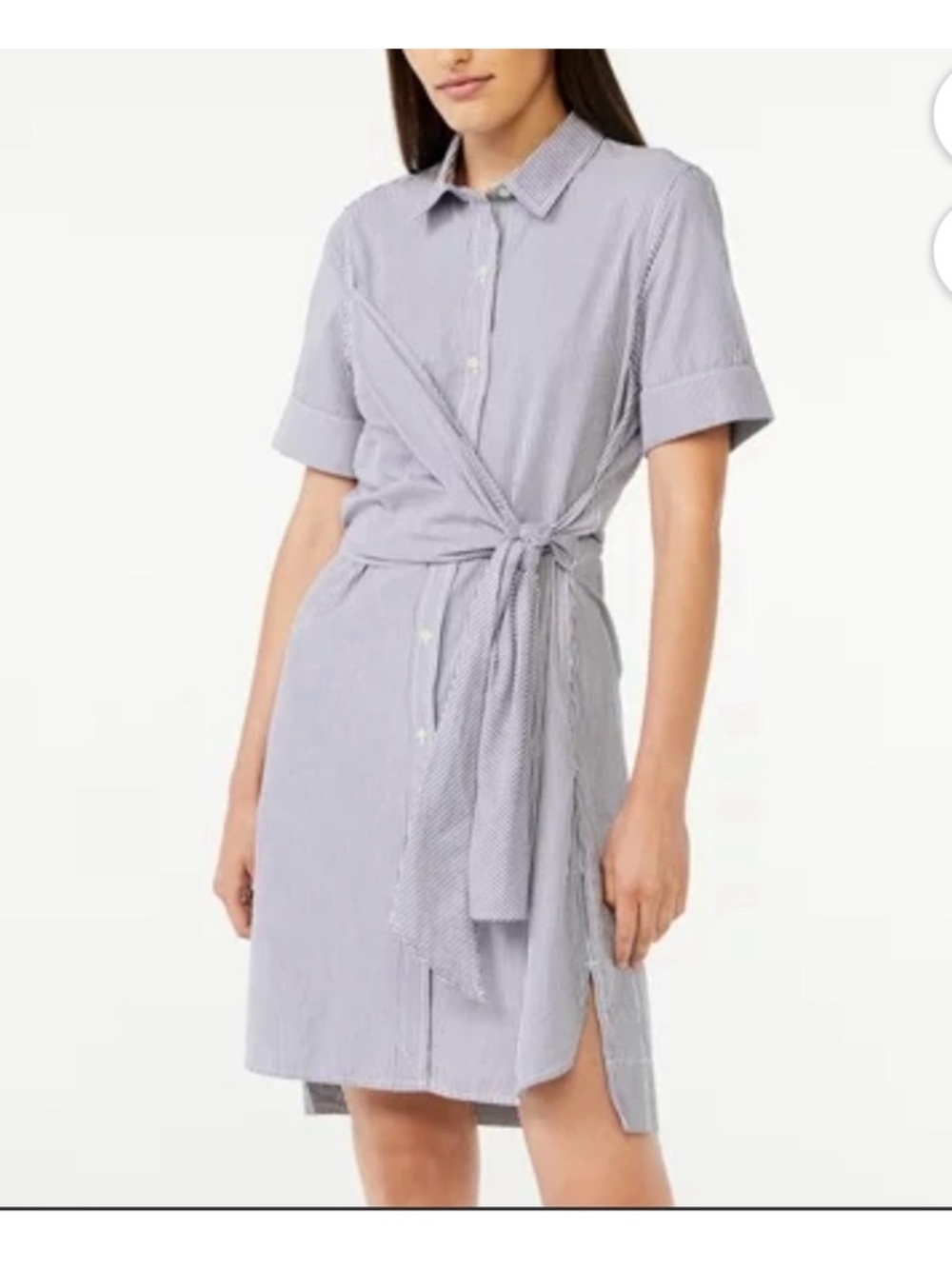 Free Assembly sz Medium Wrap front Shirt Dress Tie Waist Blue White stripe pkts